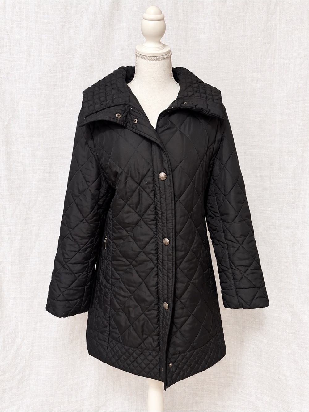 N Black Label Women's Black Diamond Quilted Long Coat Size M